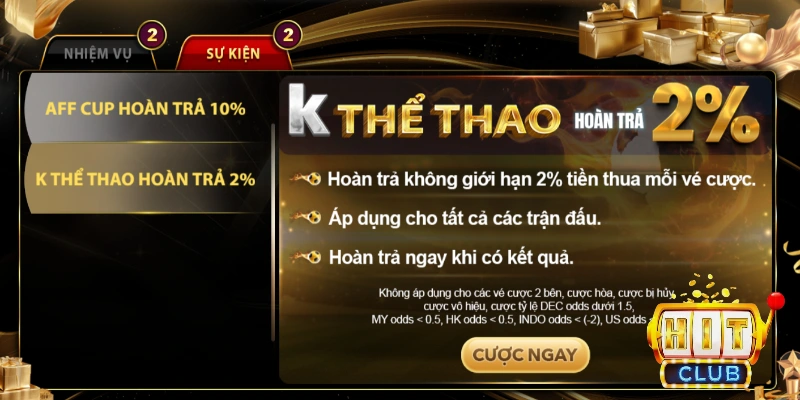 Khuyến Mãi Hitclub - Danh Sách Chương Trình Mới Nhất 2025 2 Hoàn cược cực lớn tại K thể thao